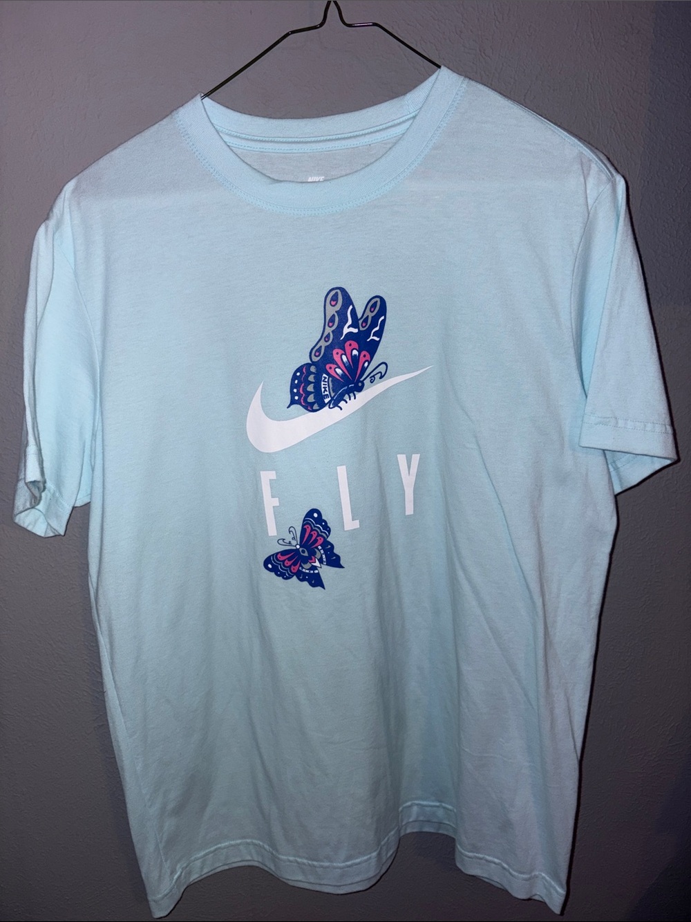 Nike Light Blue 'Fly' Tee with Navy & Pink Butterfly Accents